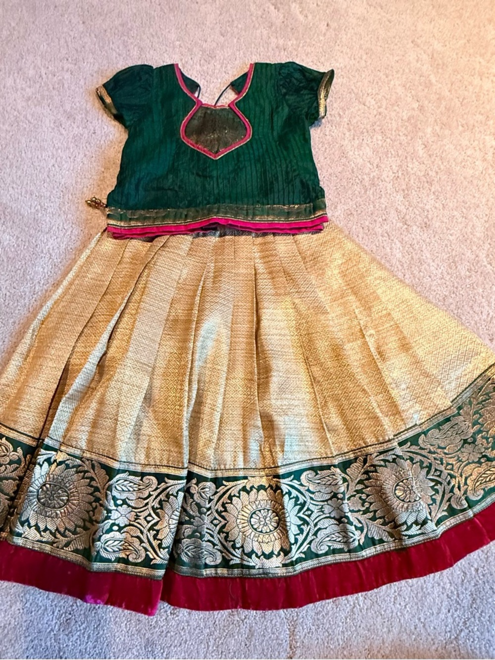 Gold and Green Festive Indian cotton silk pattu skirt/ lehenga and choli/blouse.